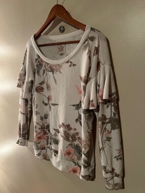 Chaser Floral Long Sleeve Sweatshirt W/ Off Shoulder Ruffle - Size S